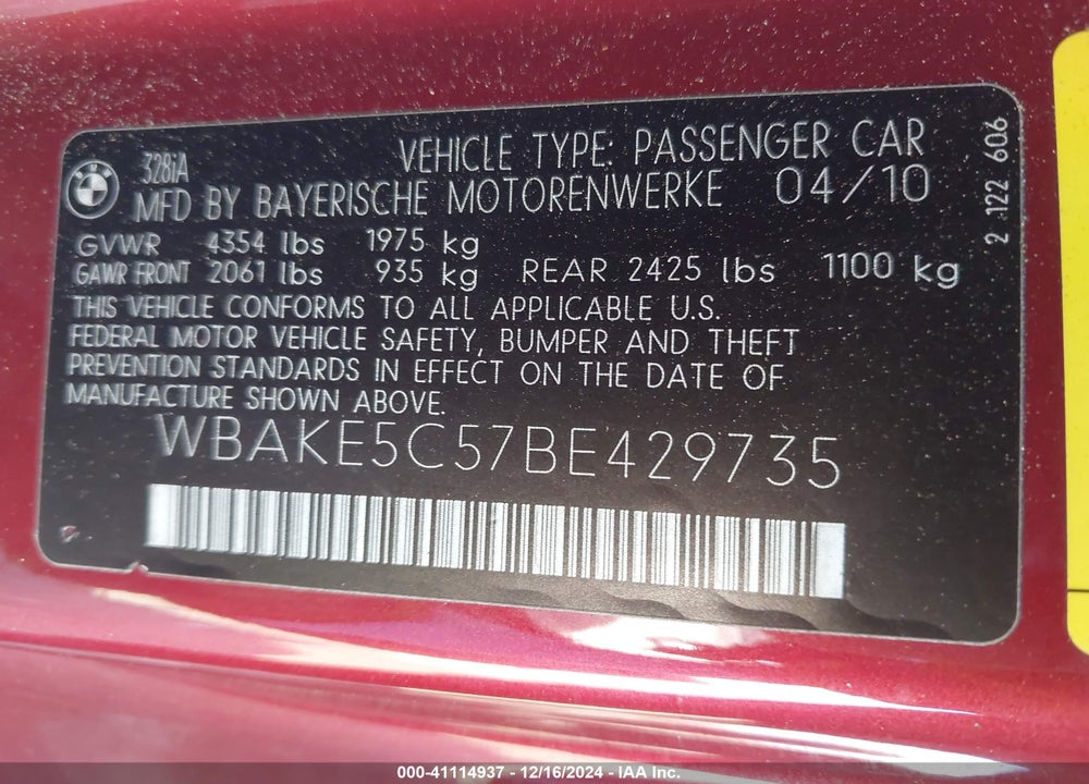 2011 BMW 328I VIN: WBAKE5C57BE429735