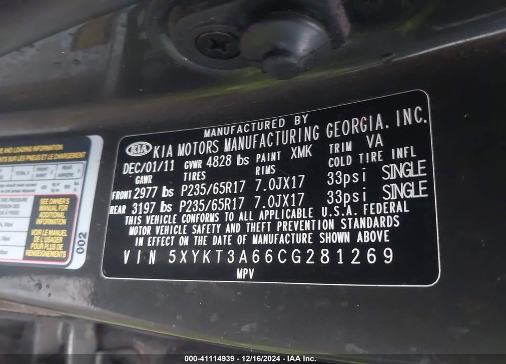 2012 KIA SORENTO LX VIN: 5XYKT3A66CG281269