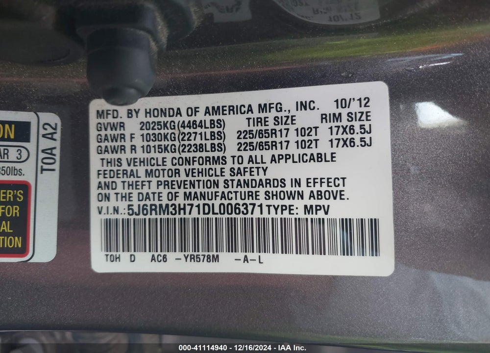 2013 HONDA CR-V EX-L VIN: 5J6RM3H71DL006371