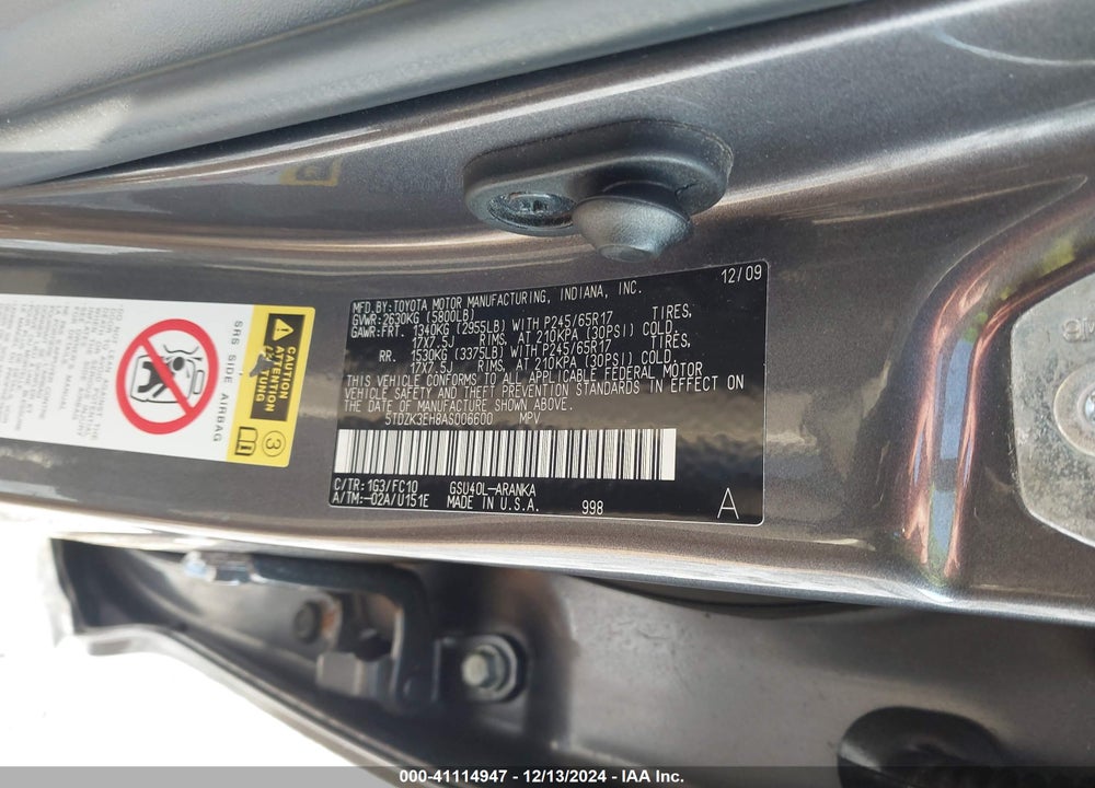 2010 TOYOTA HIGHLANDER BASE V6 VIN: 5TDZK3EH8AS006600