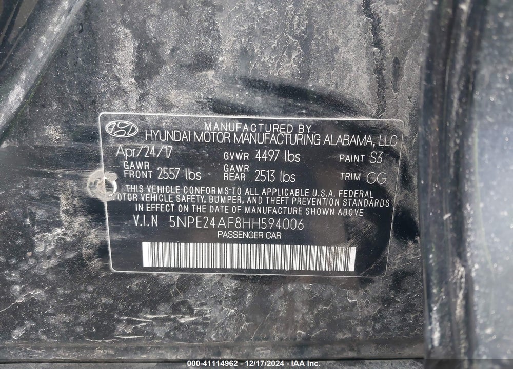 2017 HYUNDAI SONATA VIN: 5NPE24AF8HH594006