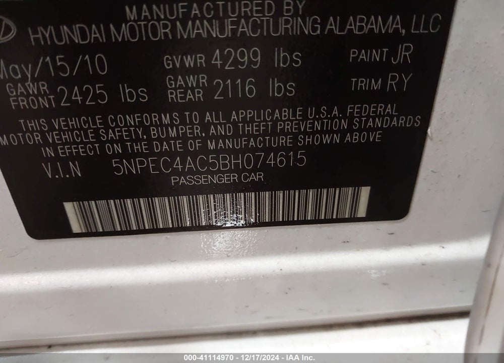 2011 HYUNDAI SONATA SE VIN: 5NPEC4AC5BH074615