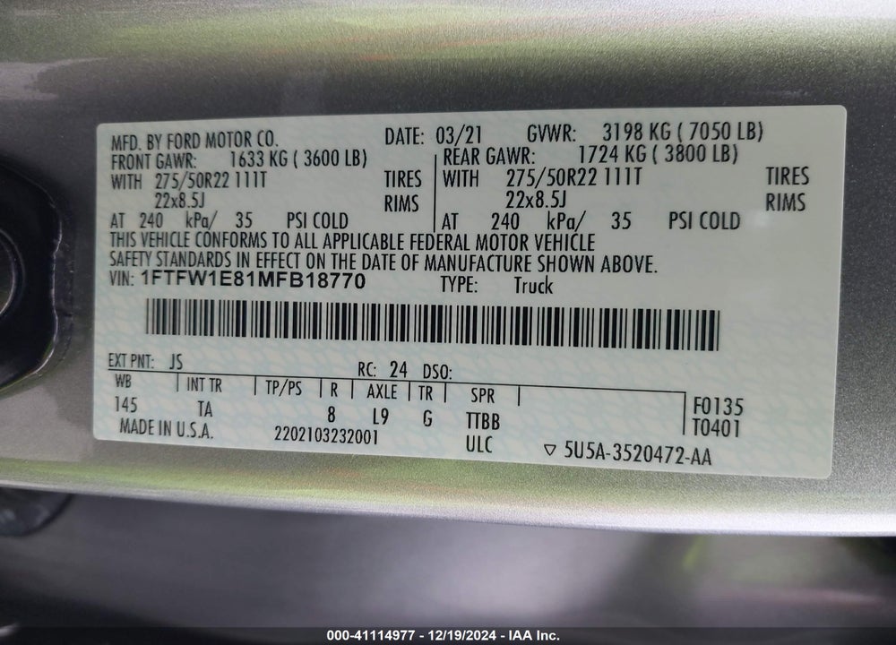 2021 FORD F-150 VIN: 1FTFW1E81MFB18770