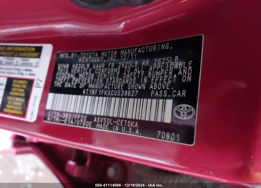 2012 TOYOTA CAMRY SE VIN: 4T1BF1FKXCU539627