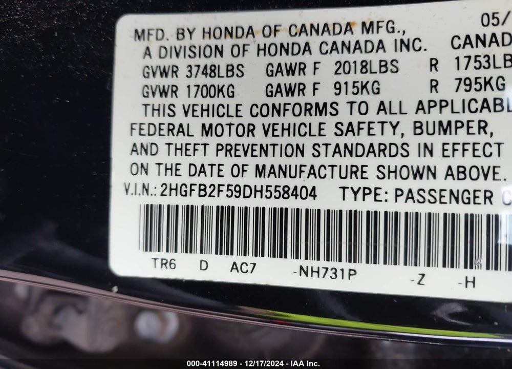 2013 HONDA CIVIC LX VIN: 2HGFB2F59DH558404