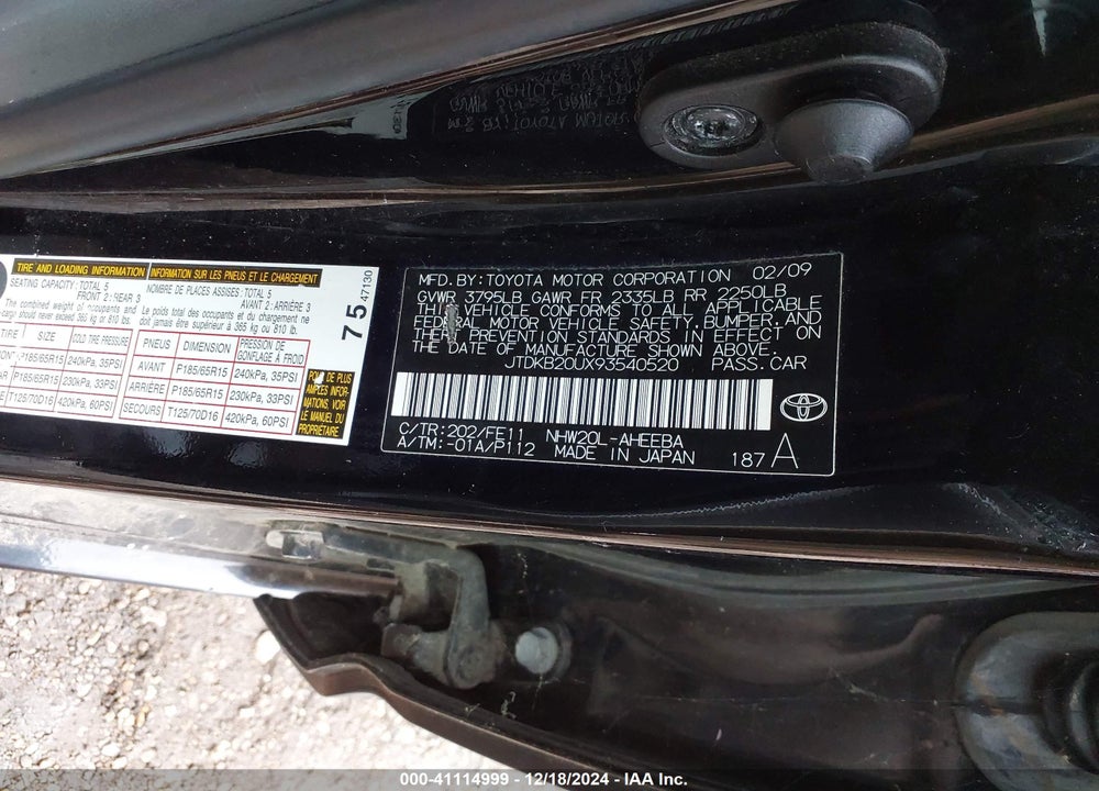 2009 TOYOTA PRIUS VIN: JTDKB20UX93540520