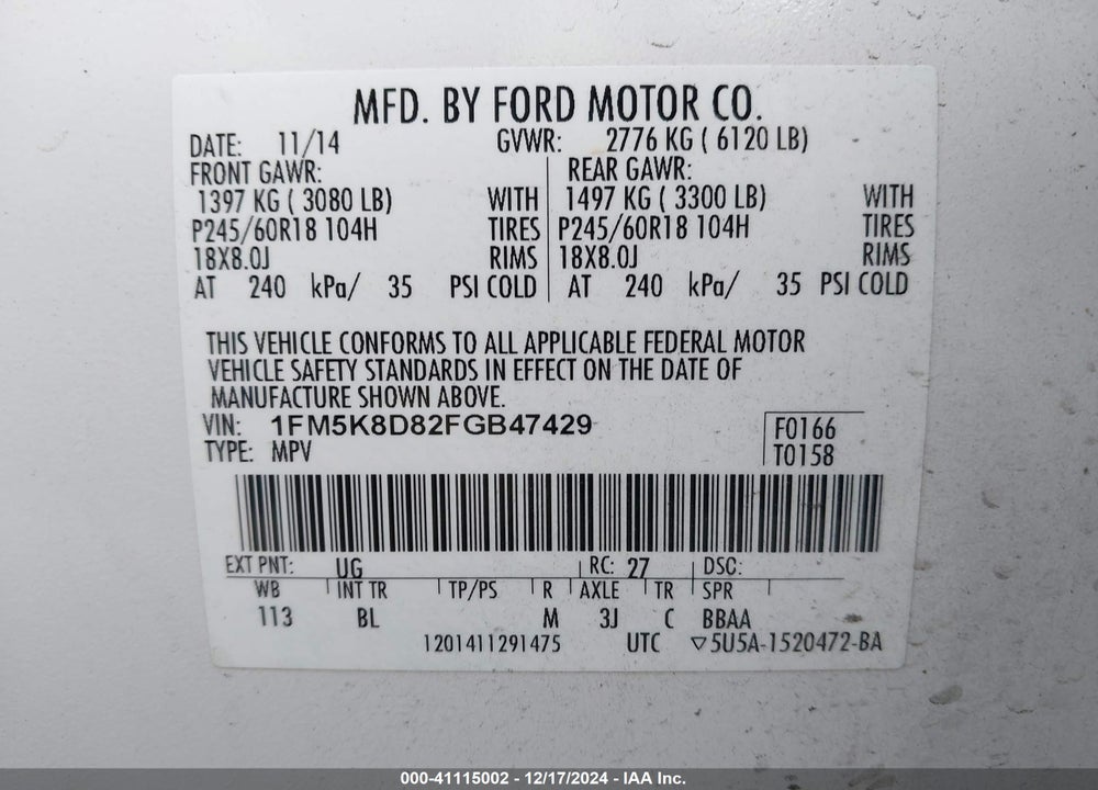 2015 FORD EXPLORER XLT VIN: 1FM5K8D82FGB47429