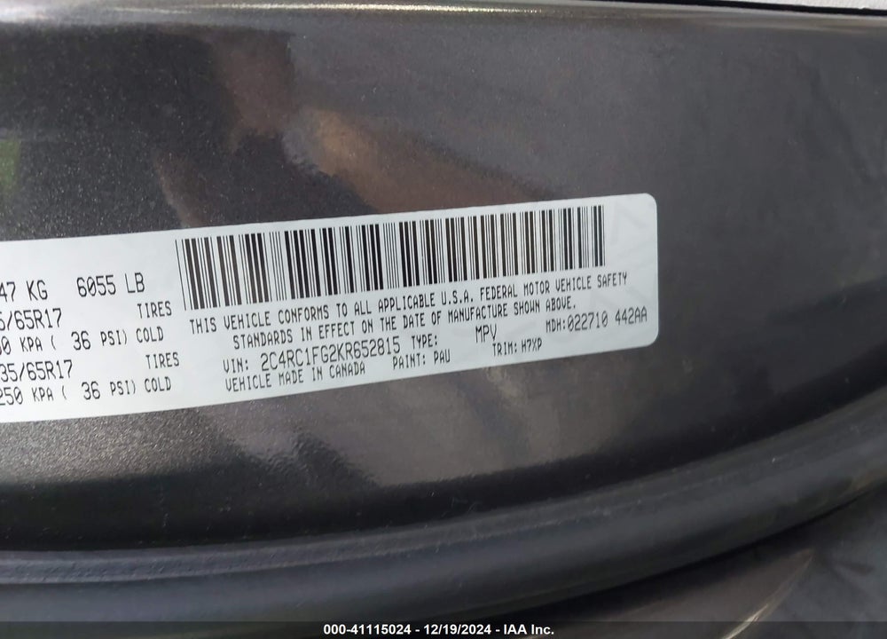2019 CHRYSLER PACIFICA TOURING PLUS VIN: 2C4RC1FG2KR652815