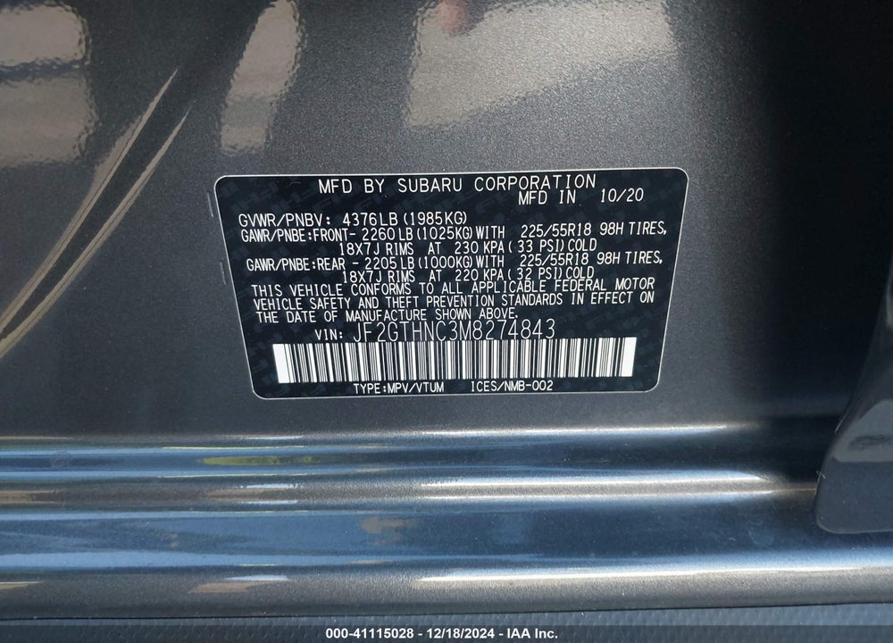 2021 SUBARU CROSSTREK LIMITED VIN: JF2GTHNC3M8274843