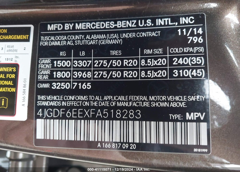 2015 MERCEDES-BENZ GL 450 4MATIC VIN: 4JGDF6EEXFA518283