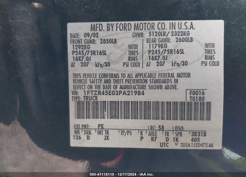 2003 FORD RANGER EDGE/XLT VIN: 1FTZR45E03PA21984