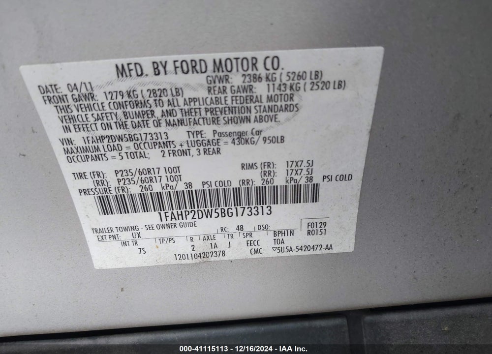 2011 FORD TAURUS VIN: 1FAHP2DW5BG173313