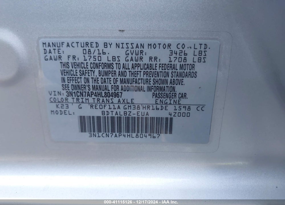 2017 NISSAN VERSA 1.6 SV VIN: 3N1CN7AP4HL804967