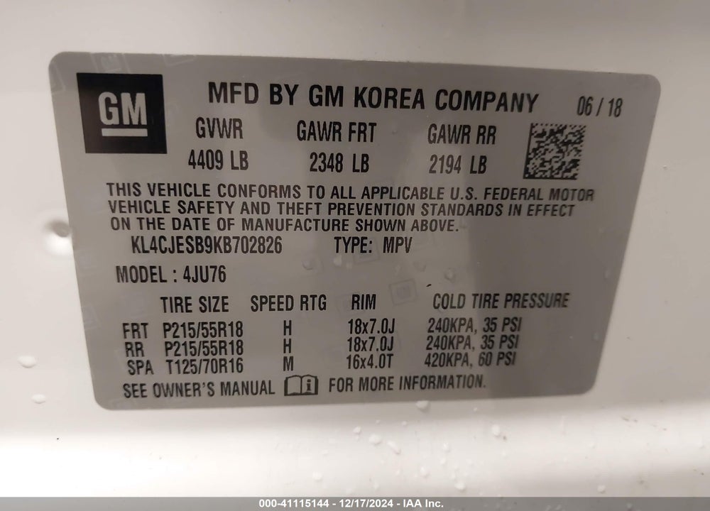 2019 BUICK ENCORE AWD PREFERRED VIN: KL4CJESB9KB702826