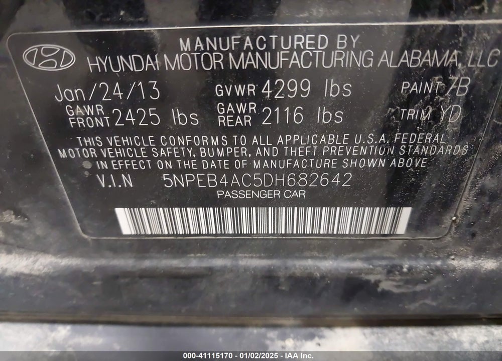 2013 HYUNDAI SONATA GLS VIN: 5NPEB4AC5DH682642