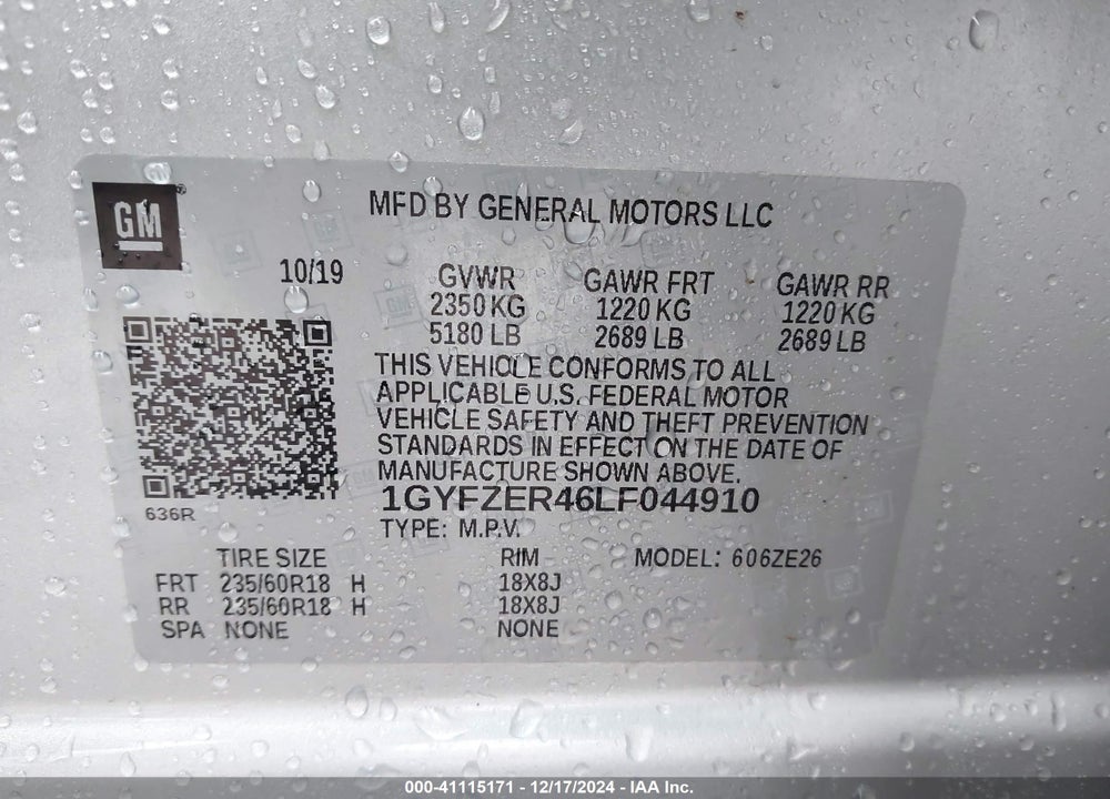 2020 CADILLAC XT4 FWD SPORT VIN: 1GYFZER46LF044910