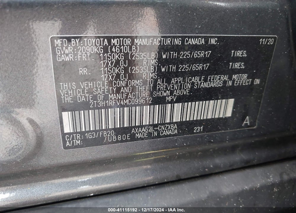 2021 TOYOTA RAV4 LE VIN: 2T3H1RFV4MC099612