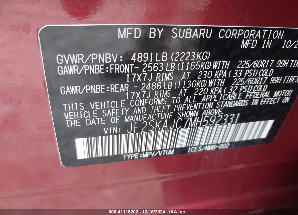 2021 SUBARU FORESTER PREMIUM VIN: JF2SKAJC7MH592331