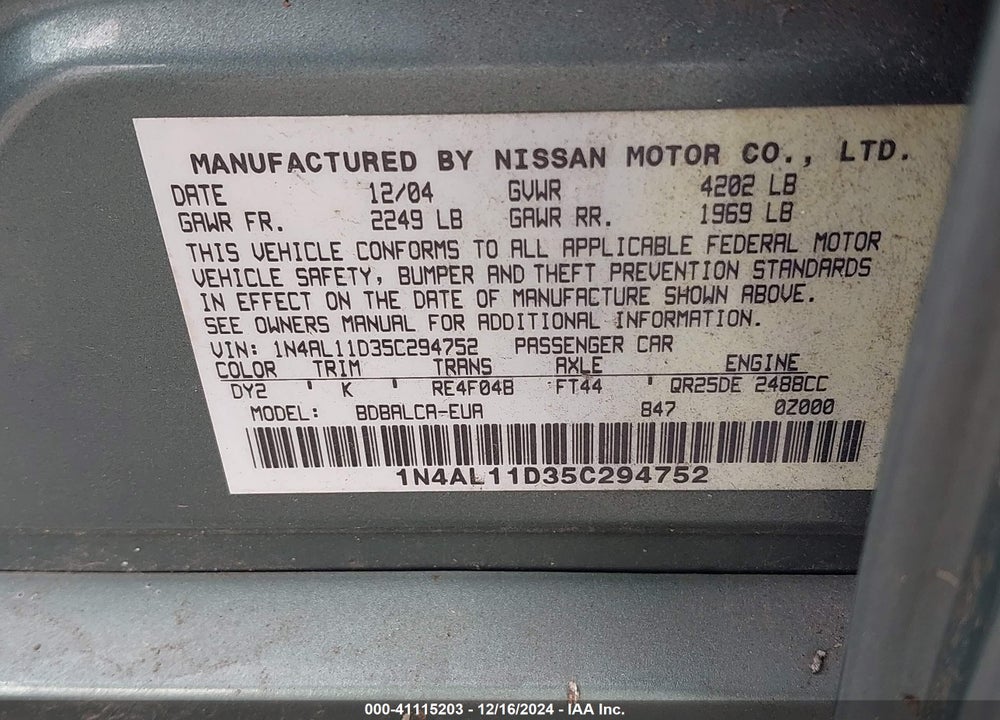 2005 NISSAN ALTIMA 2.5 S VIN: 1N4AL11D35C294752