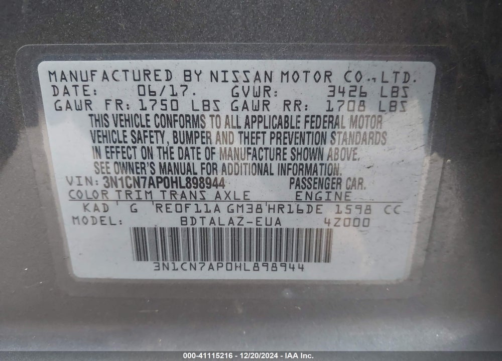 2017 NISSAN VERSA 1.6 S+ VIN: 3N1CN7AP0HL898944