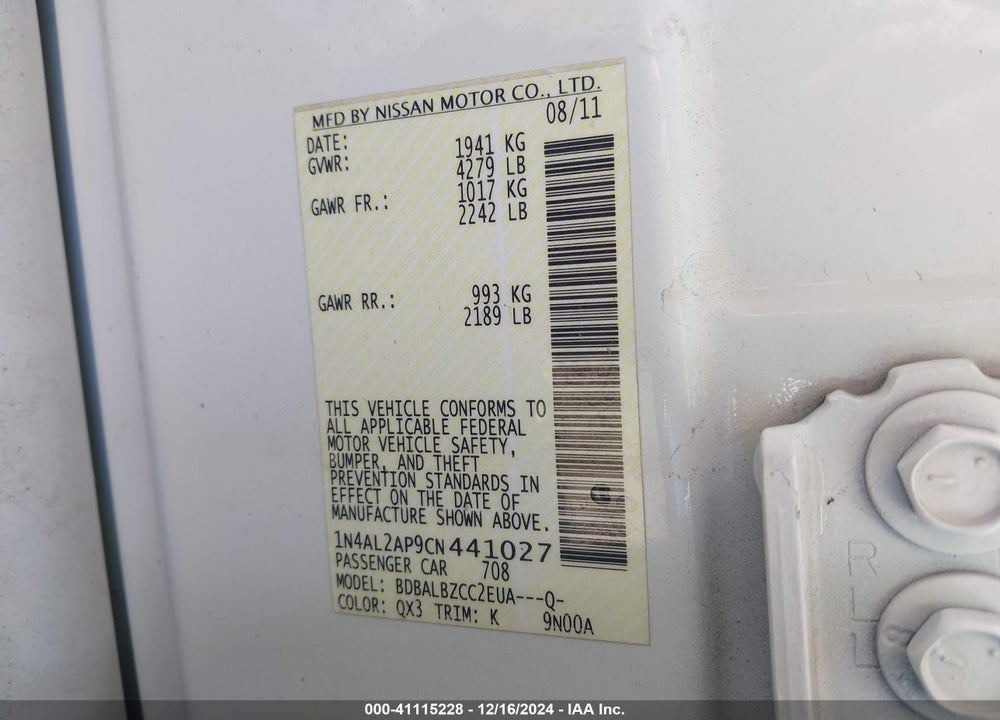 2012 NISSAN ALTIMA 2.5 S VIN: 1N4AL2AP9CN441027