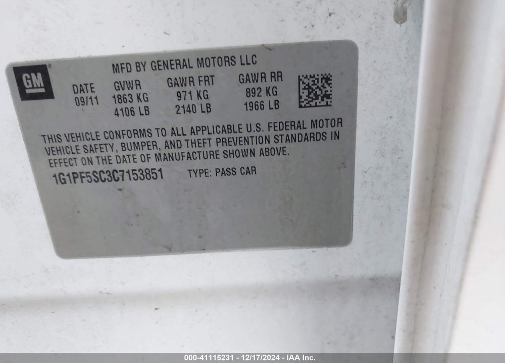 2012 CHEVROLET CRUZE VIN: 1G1PF5SC3C7153851