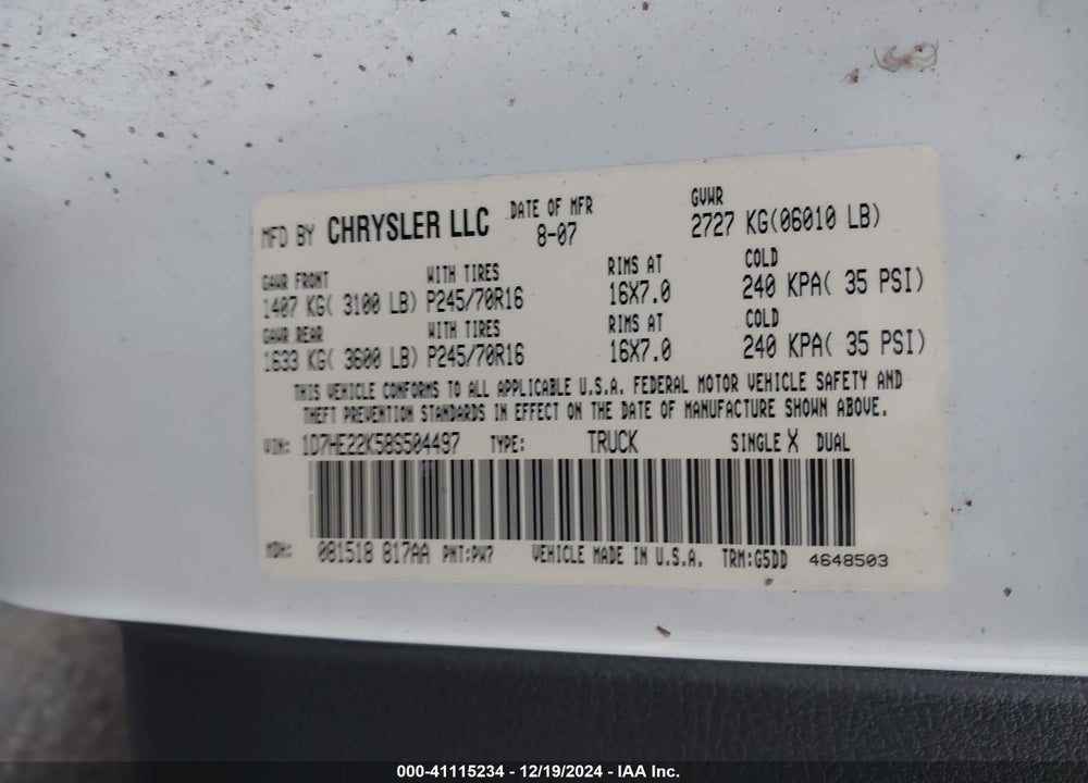 2008 DODGE DAKOTA VIN: 1D7HE22K58S504497