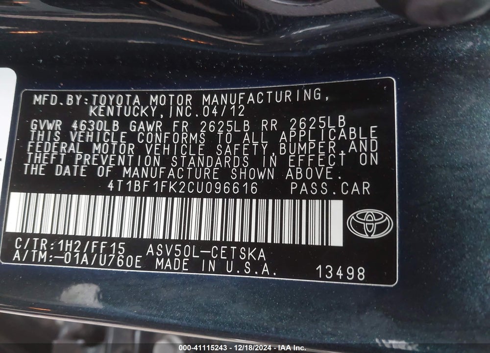 2012 TOYOTA CAMRY SE VIN: 4T1BF1FK2CU096616