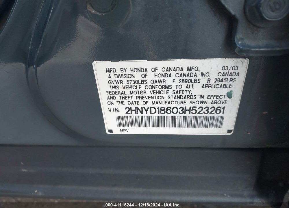 2003 ACURA MDX VIN: 2HNYD18603H523261