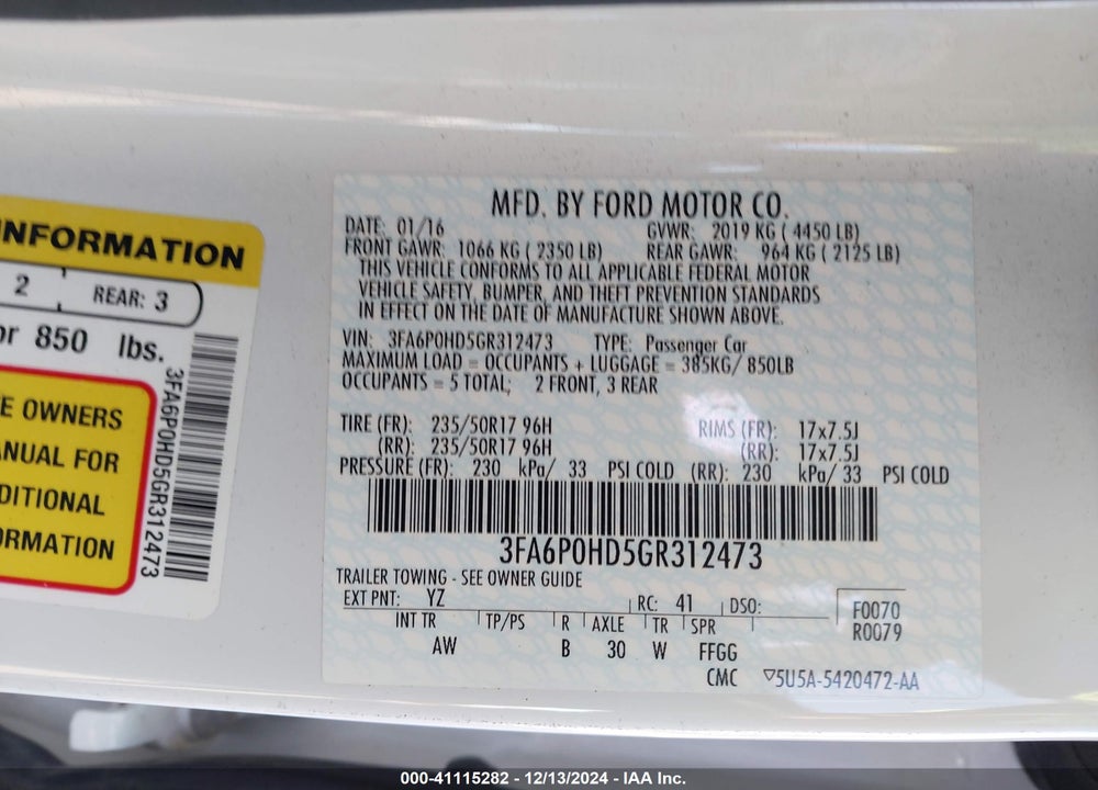 2016 FORD FUSION SE VIN: 3FA6P0HD5GR312473