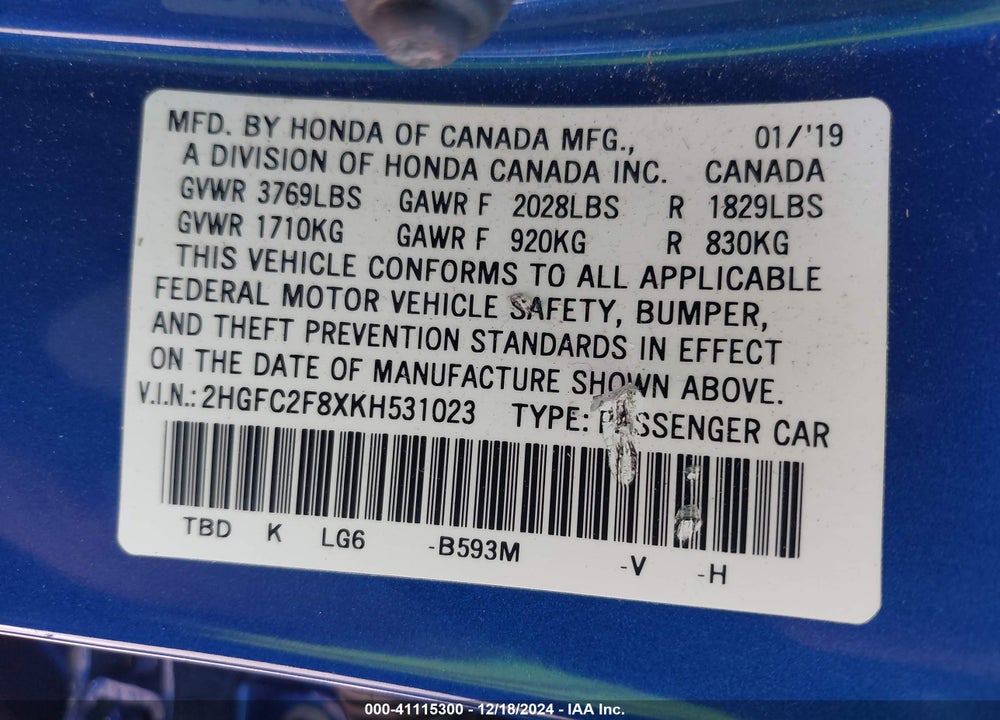 2019 HONDA CIVIC SPORT VIN: 2HGFC2F8XKH531023