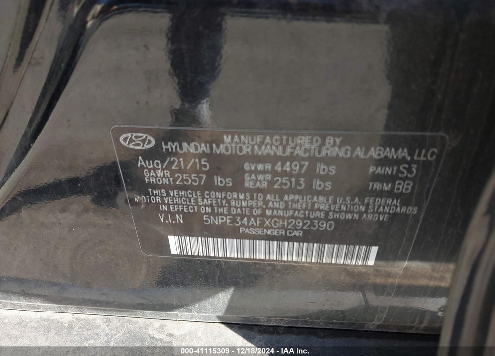 2016 HYUNDAI SONATA SPORT VIN: 5NPE34AFXGH292390