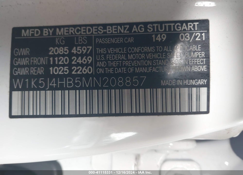 2021 MERCEDES-BENZ CLA 250 VIN: W1K5J4HB5MN208857