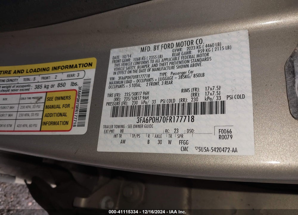 2015 FORD FUSION SE VIN: 3FA6P0H70FR177718