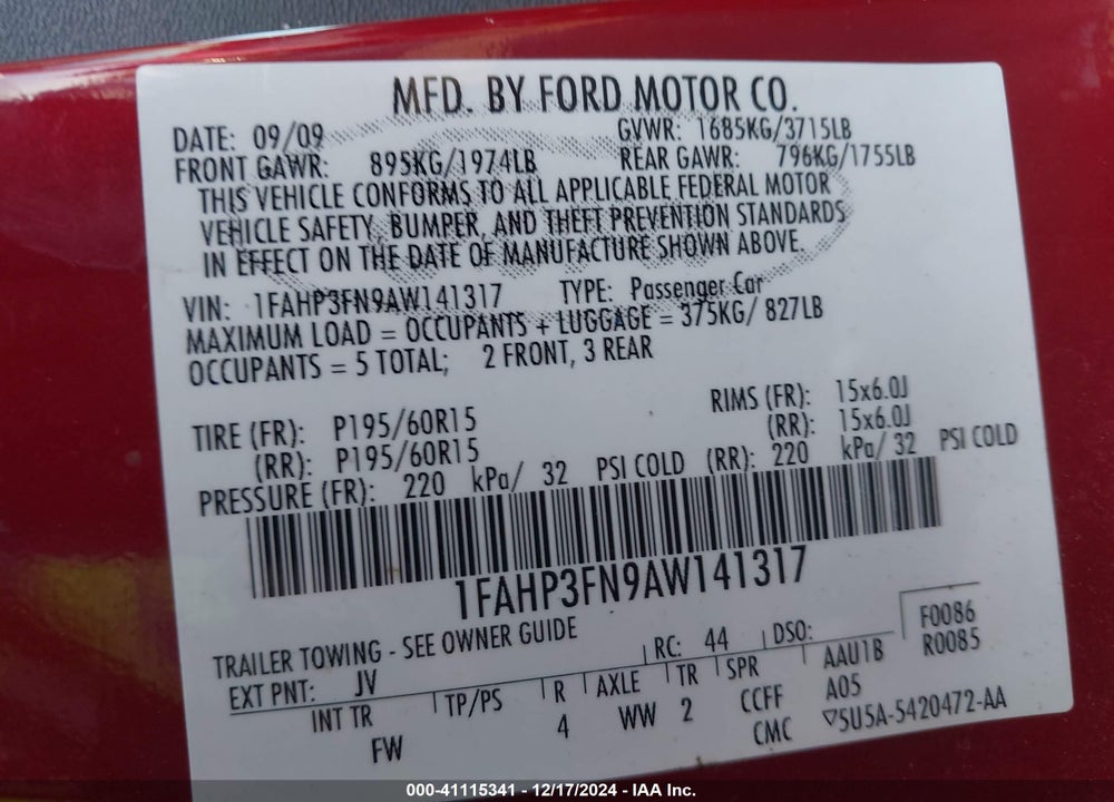 2010 FORD FOCUS VIN: 1FAHP3FN9AW141317