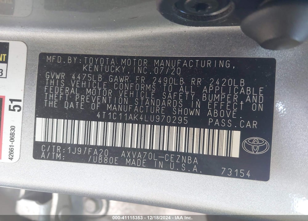 2020 TOYOTA CAMRY LE VIN: 4T1C11AK4LU970295