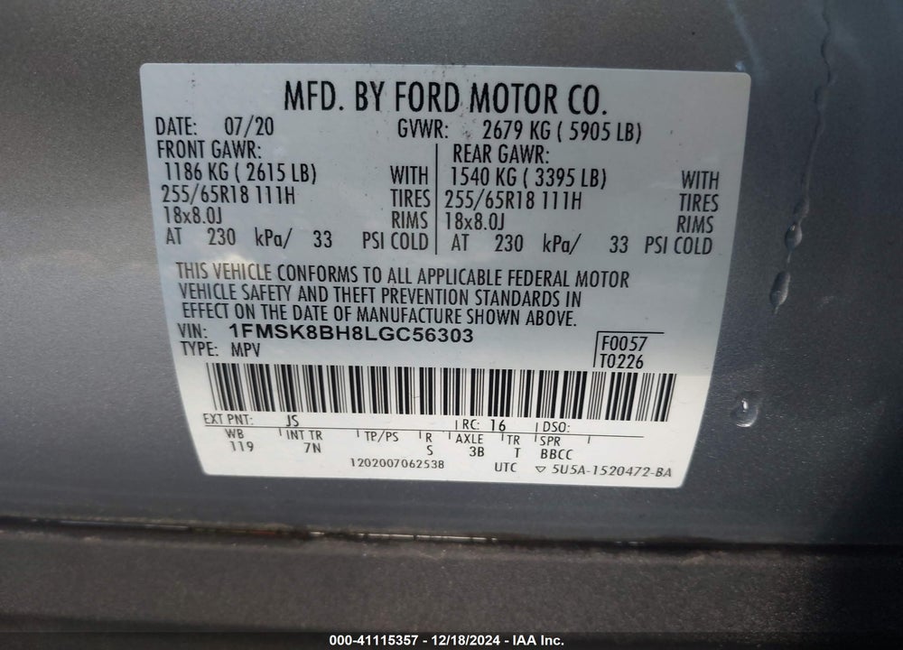2020 FORD EXPLORER VIN: 1FMSK8BH8LGC56303
