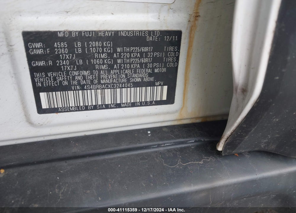 2012 SUBARU OUTBACK 2.5I VIN: 4S4BRBACXC3244045