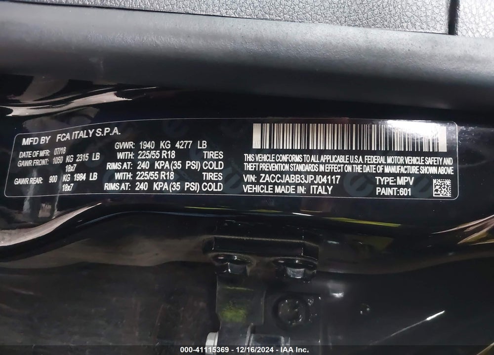 2018 JEEP RENEGADE ALTITUDE FWD VIN: ZACCJABB3JPJ04117