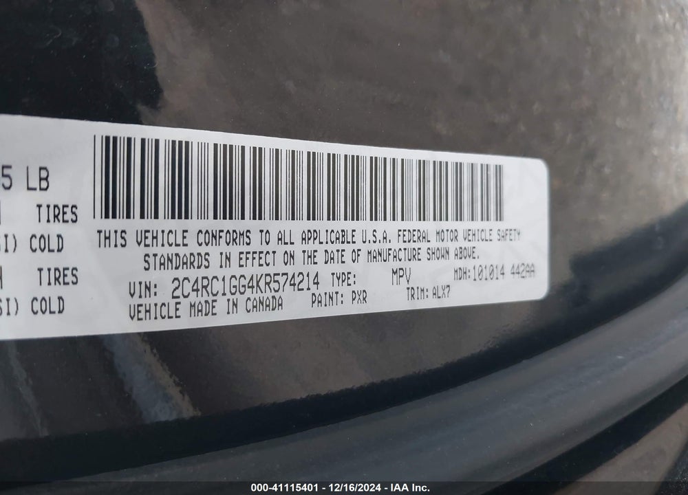 2019 CHRYSLER PACIFICA LIMITED VIN: 2C4RC1GG4KR574214