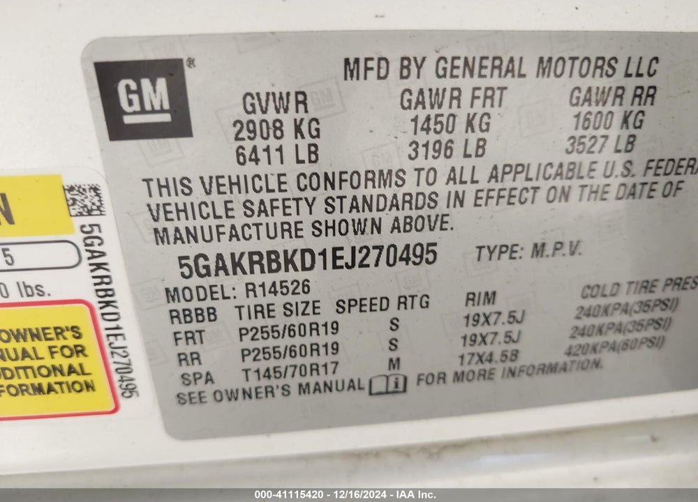2014 BUICK ENCLAVE LEATHER VIN: 5GAKRBKD1EJ270495
