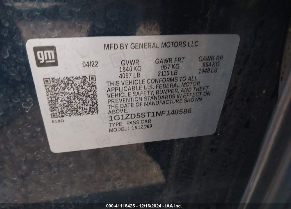 2022 CHEVROLET MALIBU FWD LT VIN: 1G1ZD5ST1NF140586