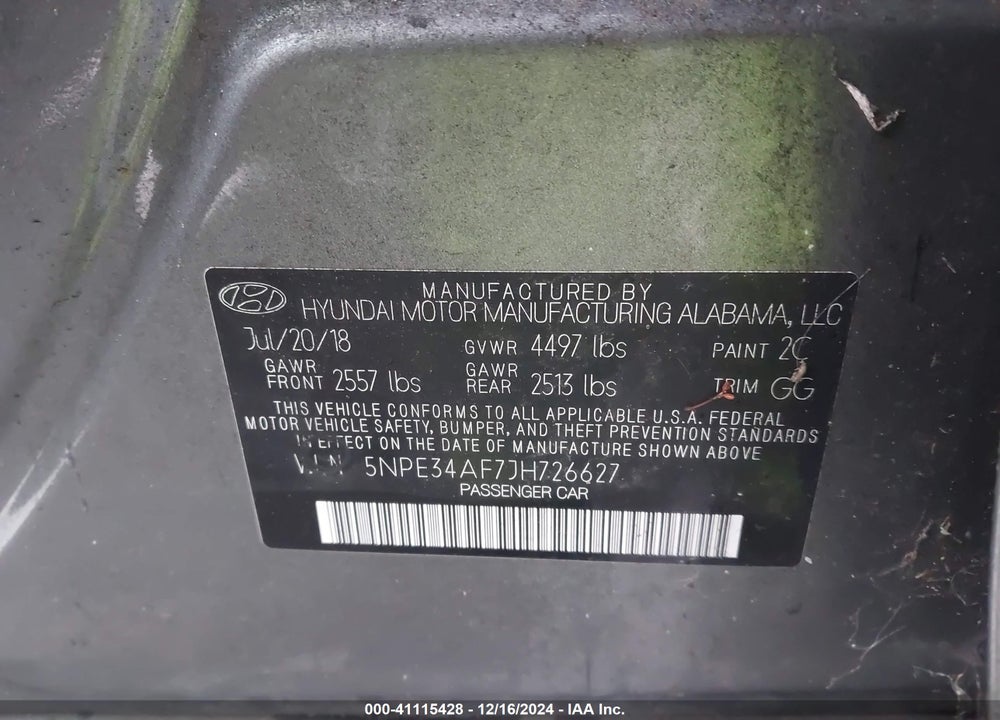 2018 HYUNDAI SONATA SEL VIN: 5NPE34AF7JH726627