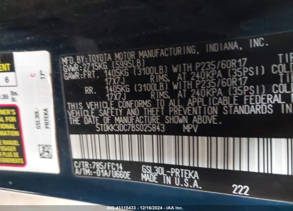 2011 TOYOTA SIENNA LE V6 VIN: 5TDKK3DC7BS025843