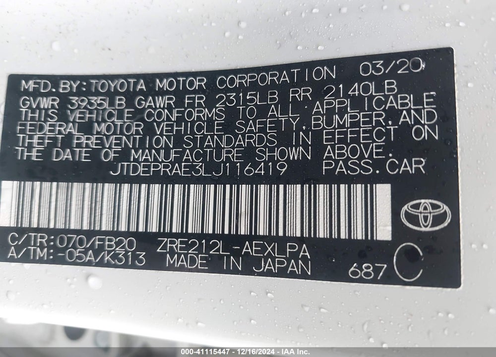 2020 TOYOTA COROLLA LE VIN: JTDEPRAE3LJ116419