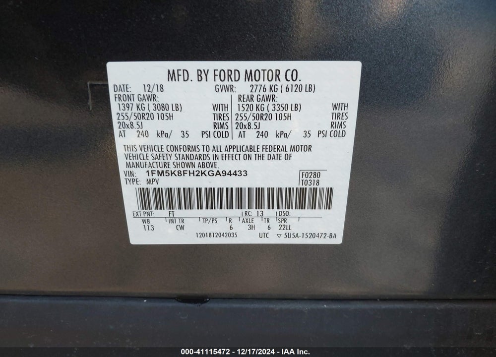 2019 FORD EXPLORER LIMITED VIN: 1FM5K8FH2KGA94433