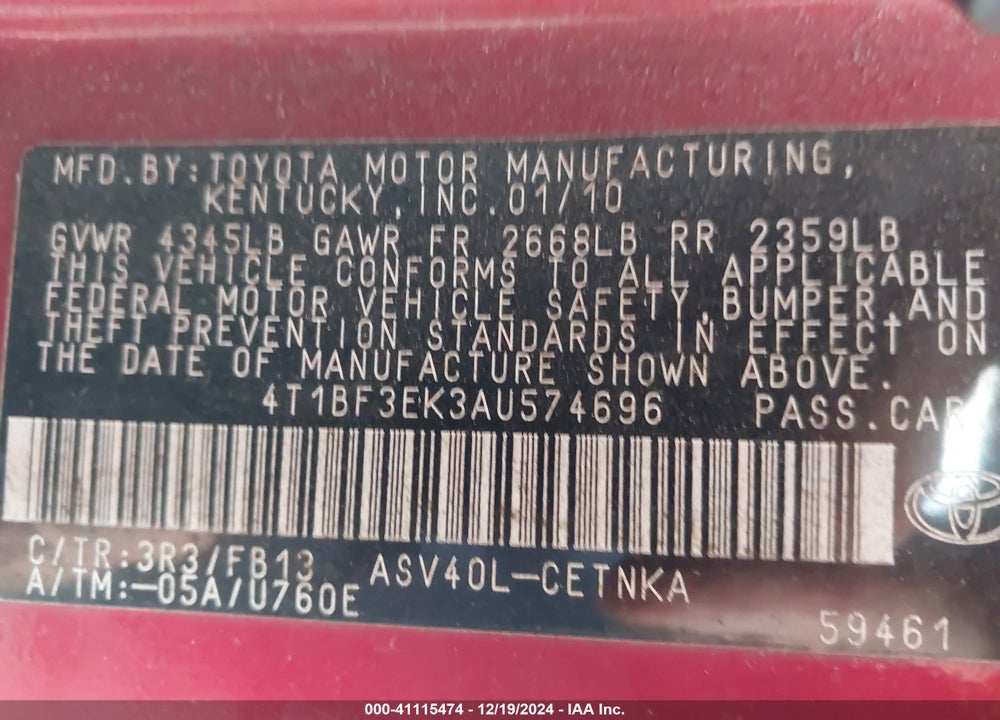 2010 TOYOTA CAMRY LE VIN: 4T1BF3EK3AU574696