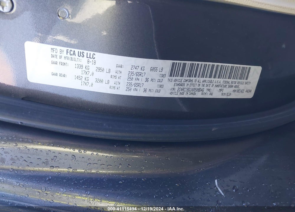 2019 CHRYSLER PACIFICA TOURING L VIN: 2C4RC1BG1KR508646