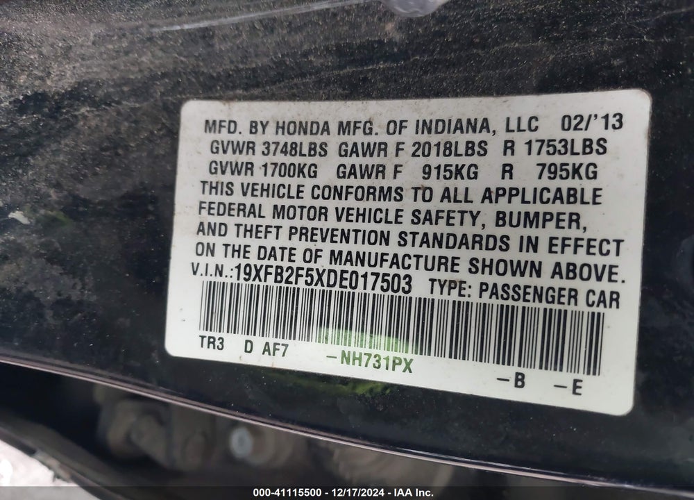 2013 HONDA CIVIC LX VIN: 19XFB2F5XDE017503