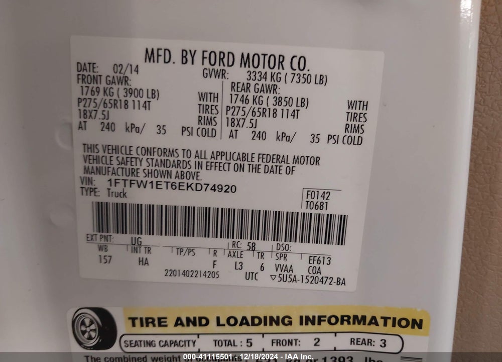 2014 FORD F-150 VIN: 1FTFW1ET6EKD74920